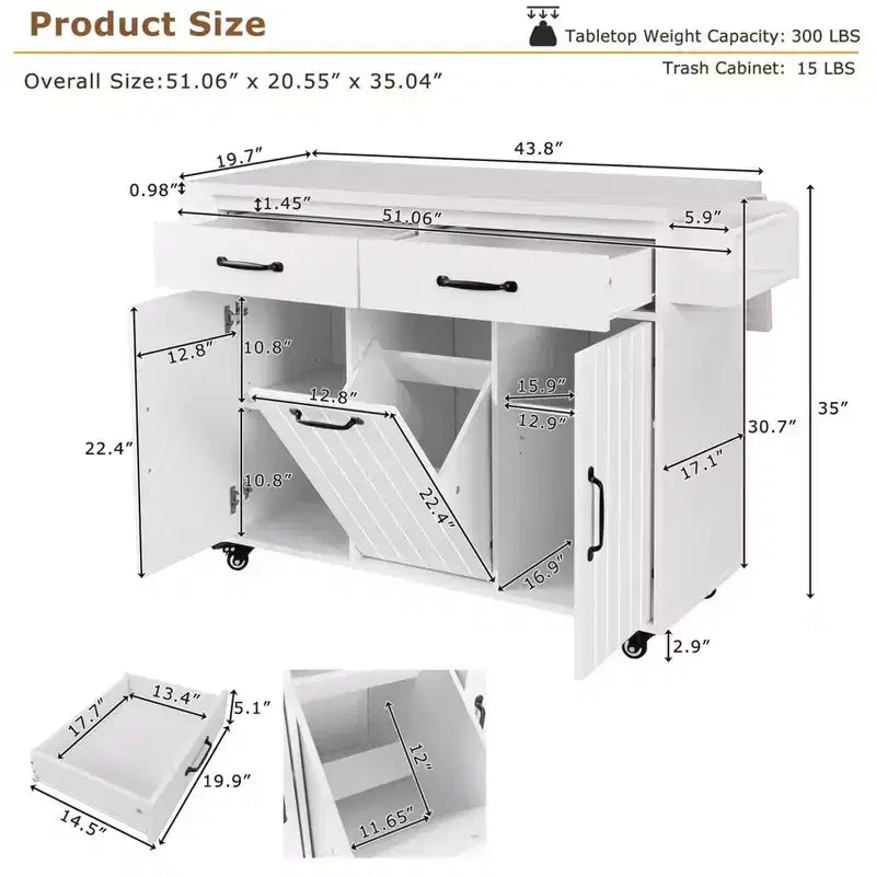 Carrello da Cucina con Contenitore per Spazzatura, Top a Scomparsa, Cassetto, Portaspezie e Portasciugamani, Ripiano Regolabile, Carrello da Cucina su Ruote, Bianco