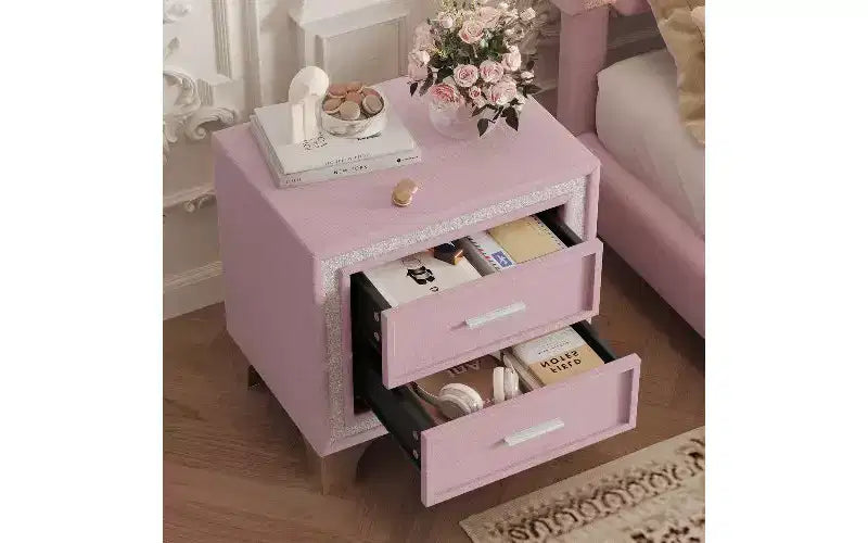 Comodino a 2 cassetti rivestito in velluto, tavolino rustico-chic con decorazione a strisce glitterate argento e gambe in metallo, comodino per camera da letto