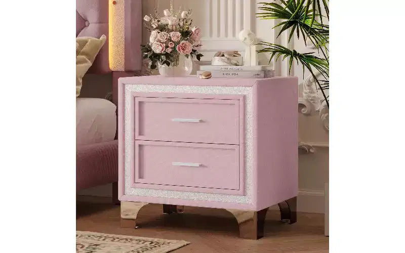 Comodino a 2 cassetti rivestito in velluto, tavolino rustico-chic con decorazione a strisce glitterate argento e gambe in metallo, comodino per camera da letto