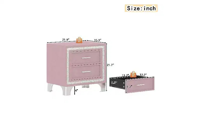 Comodino a 2 cassetti rivestito in velluto, tavolino rustico-chic con decorazione a strisce glitterate argento e gambe in metallo, comodino per camera da letto