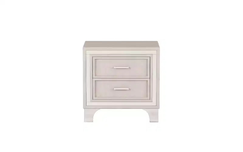 Comodino a 2 cassetti rivestito in velluto, tavolino rustico-chic con decorazione a strisce glitterate argento e gambe in metallo, comodino per camera da letto