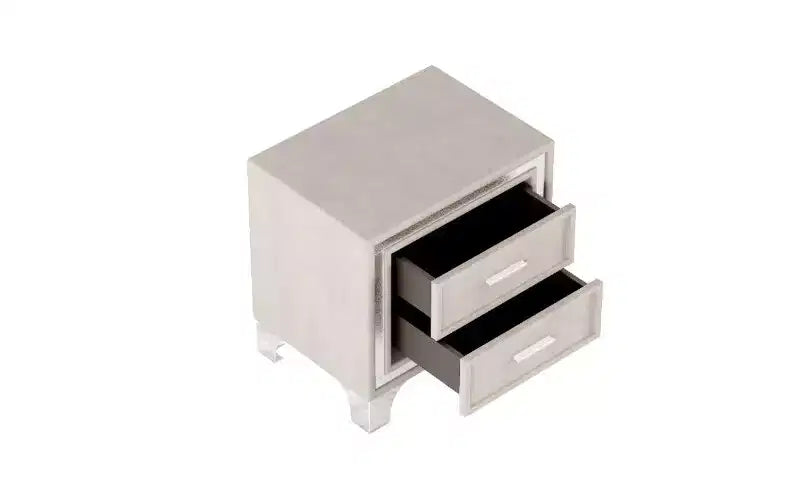 Comodino a 2 cassetti rivestito in velluto, tavolino rustico-chic con decorazione a strisce glitterate argento e gambe in metallo, comodino per camera da letto