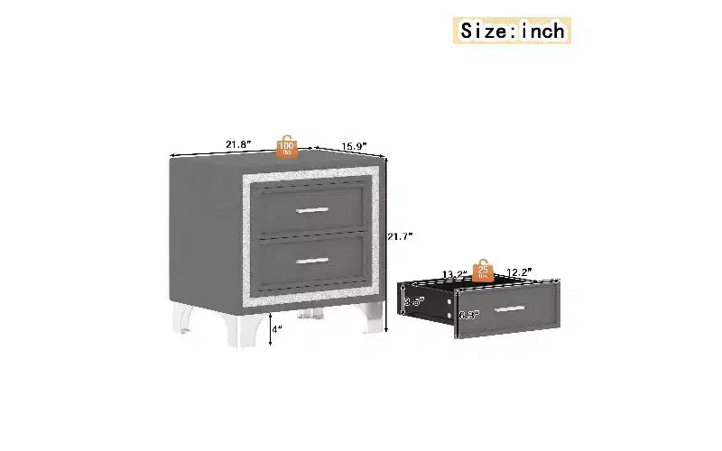 Comodino a 2 cassetti rivestito in velluto, tavolino rustico-chic con decorazione a strisce glitterate argento e gambe in metallo, comodino per camera da letto