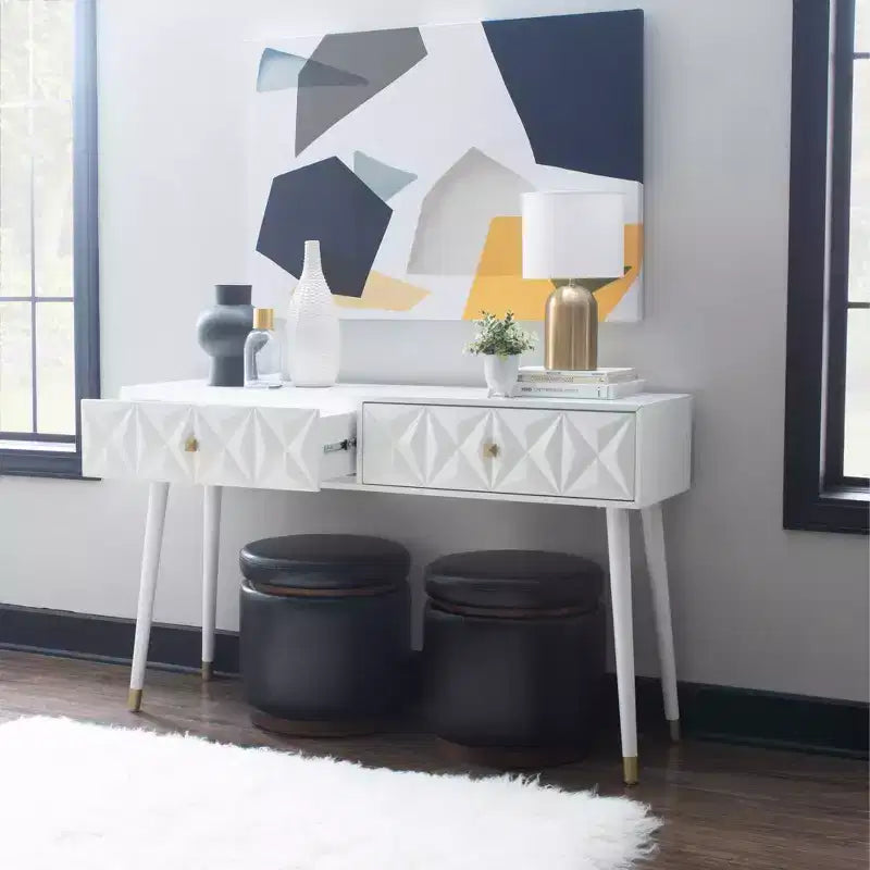 Consolle Geo Glam 55.5" a 2 cassetti con pomelli dorati bianco brillante - Contenitore stretto per ingresso, design moderno