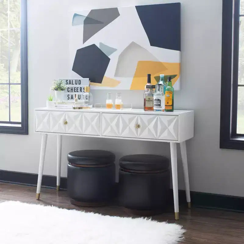 Consolle Geo Glam 55.5" a 2 cassetti con pomelli dorati bianco brillante - Contenitore stretto per ingresso, design moderno