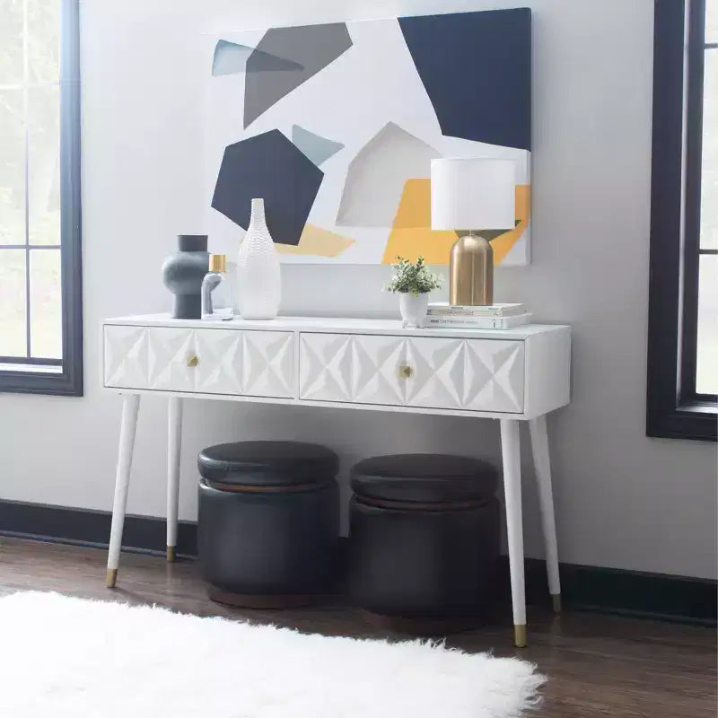 Consolle Geo Glam 55.5" a 2 cassetti con pomelli dorati bianco brillante - Contenitore stretto per ingresso, design moderno