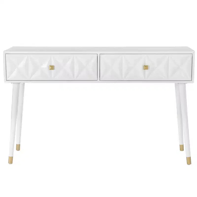 Consolle Geo Glam 55.5" a 2 cassetti con pomelli dorati bianco brillante - Contenitore stretto per ingresso, design moderno