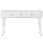 Consolle Geo Glam 55.5" a 2 cassetti con pomelli dorati bianco brillante - Contenitore stretto per ingresso, design moderno