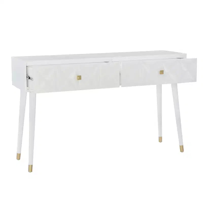 Consolle Geo Glam 55.5" a 2 cassetti con pomelli dorati bianco brillante - Contenitore stretto per ingresso, design moderno