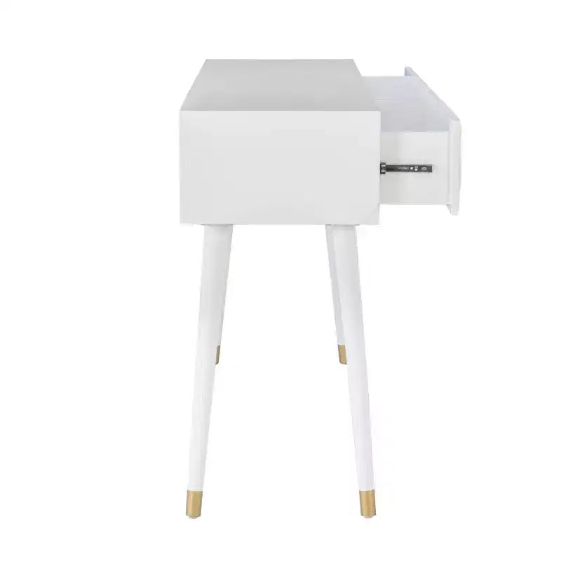Consolle Geo Glam 55.5" a 2 cassetti con pomelli dorati bianco brillante - Contenitore stretto per ingresso, design moderno