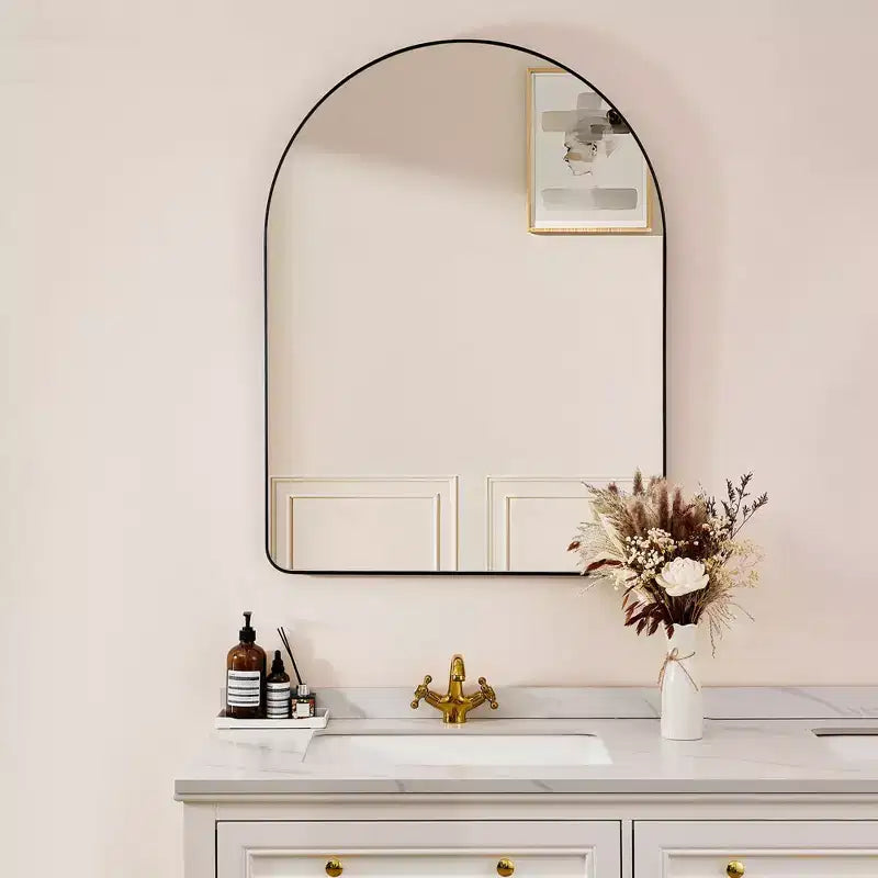 Specchio da Parete Moderno con Cornice ad Arco 20 x 30 Pollici, con Telaio in Acciaio, Vetro Flottante Antidistorsione e Ganci Preinstallati, Nero Opaco