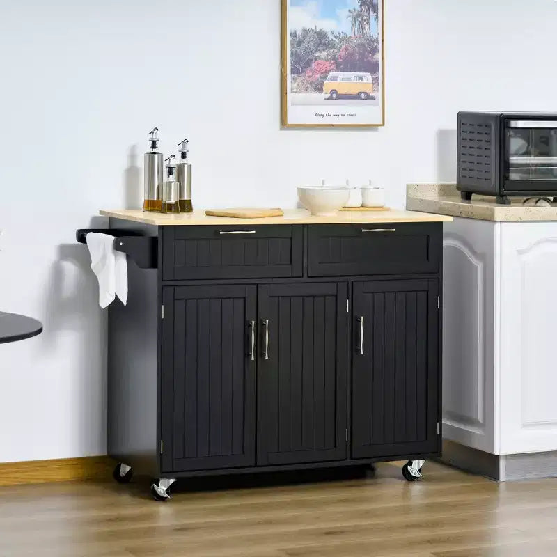 Carrello da cucina moderno con isola su ruote con cassetti, carrello di servizio mobile con ripiani regolabili, armadietti e portasciugamani, nero
