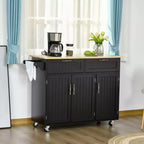 Carrello da cucina moderno con isola su ruote con cassetti, carrello di servizio mobile con ripiani regolabili, armadietti e portasciugamani, nero