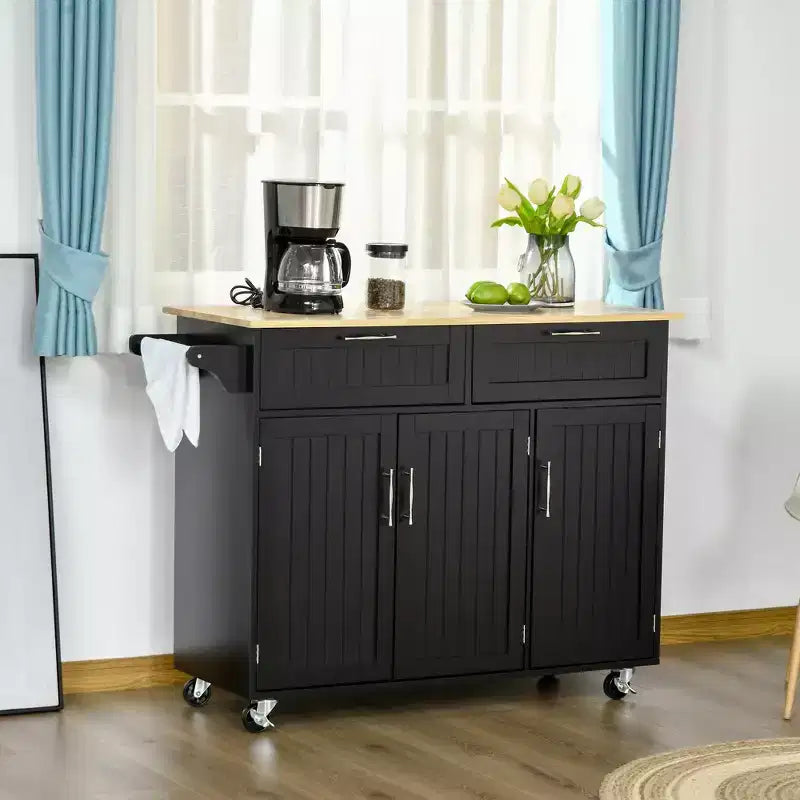Carrello da cucina moderno con isola su ruote con cassetti, carrello di servizio mobile con ripiani regolabili, armadietti e portasciugamani, nero