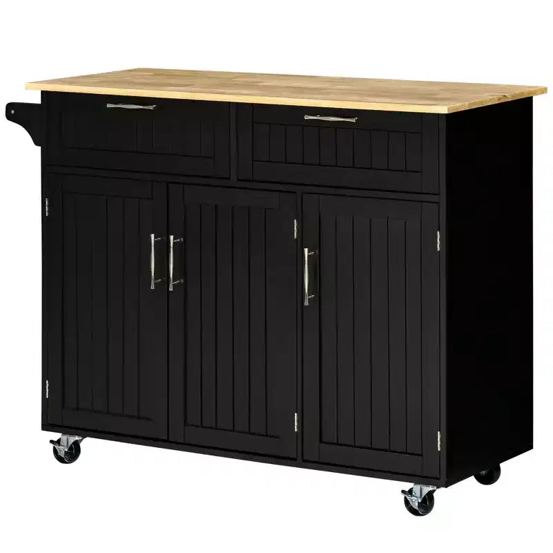 Carrello da cucina moderno con isola su ruote con cassetti, carrello di servizio mobile con ripiani regolabili, armadietti e portasciugamani, nero