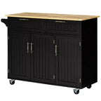 Carrello da cucina moderno con isola su ruote con cassetti, carrello di servizio mobile con ripiani regolabili, armadietti e portasciugamani, nero