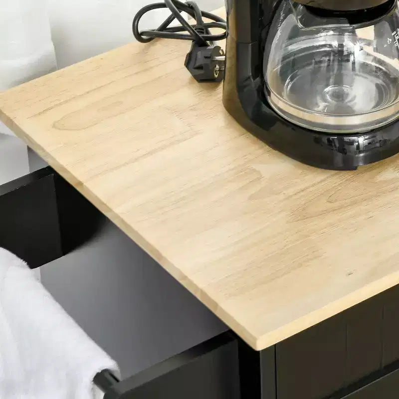 Carrello da cucina moderno con isola su ruote con cassetti, carrello di servizio mobile con ripiani regolabili, armadietti e portasciugamani, nero