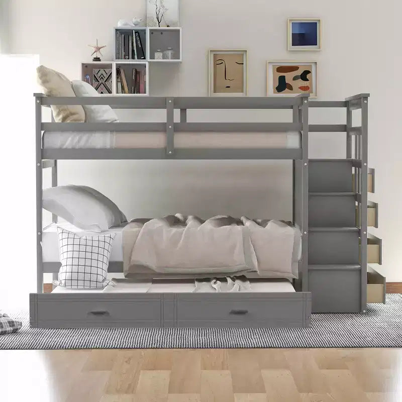 Letto a castello in legno Twin Over Twin con 4 cassetti, letto estraibile e scaletta