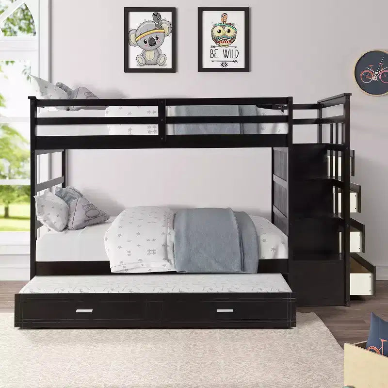 Letto a castello in legno Twin Over Twin con 4 cassetti, letto estraibile e scaletta