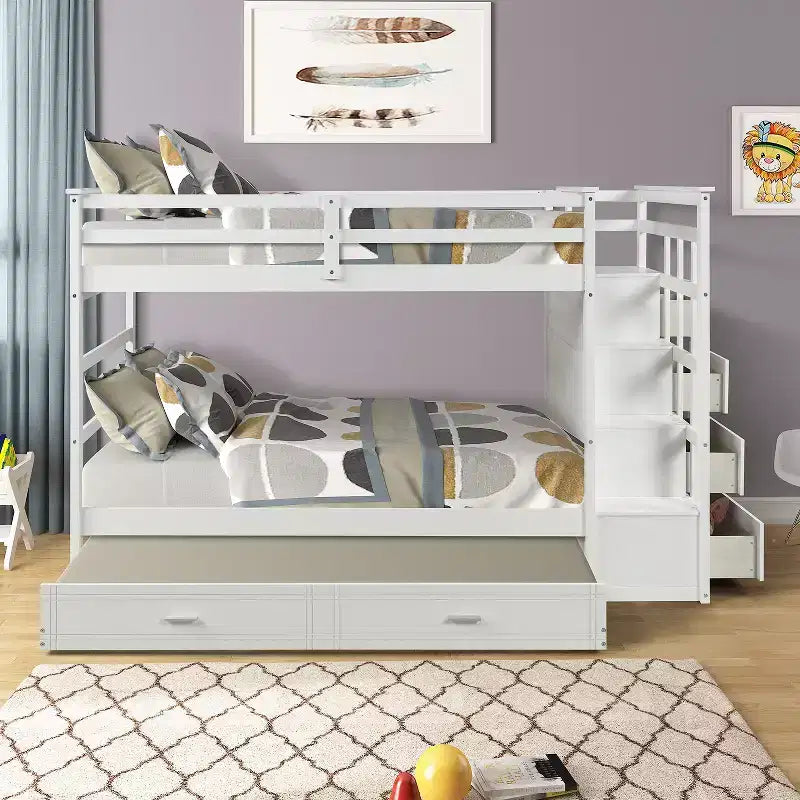 Letto a castello in legno Twin Over Twin con 4 cassetti, letto estraibile e scaletta