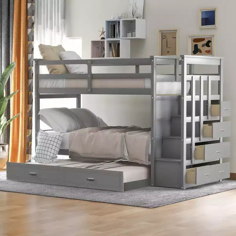 Letto a castello in legno Twin Over Twin con 4 cassetti, letto estraibile e scaletta