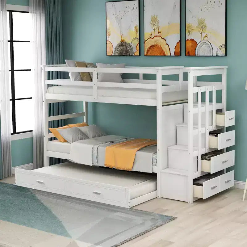 Letto a castello in legno Twin Over Twin con 4 cassetti, letto estraibile e scaletta