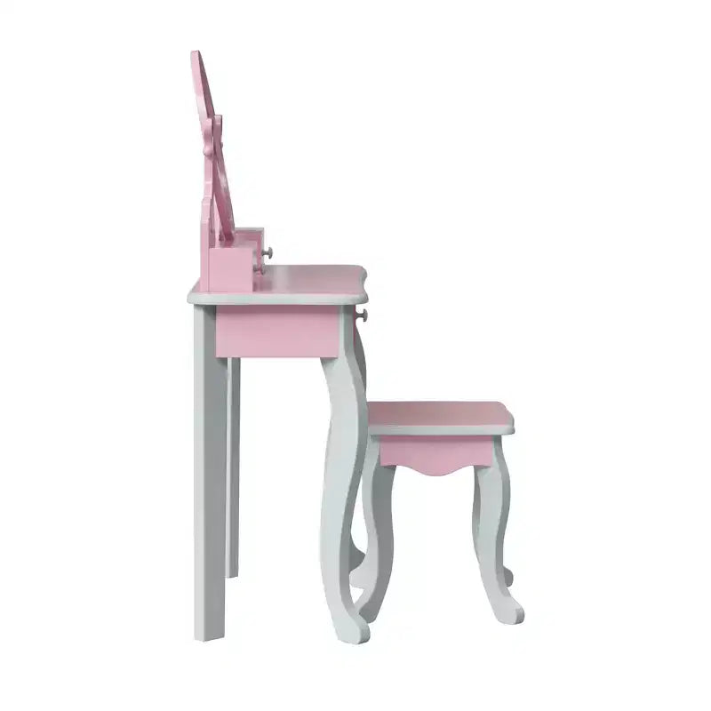 Set toeletta per bambini in legno con sgabello, contenitore e specchio