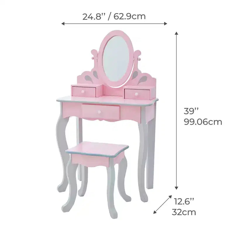 Set toeletta per bambini in legno con sgabello, contenitore e specchio