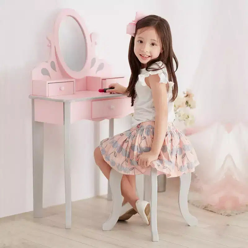 Set toeletta per bambini in legno con sgabello, contenitore e specchio