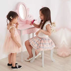 Set toeletta per bambini in legno con sgabello, contenitore e specchio
