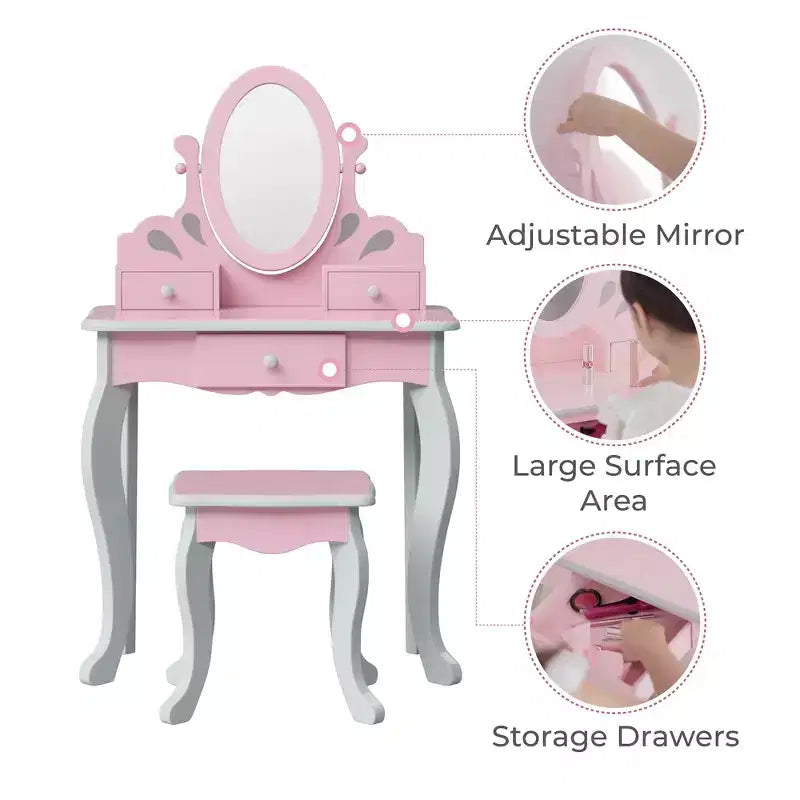 Set toeletta per bambini in legno con sgabello, contenitore e specchio