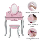 Set toeletta per bambini in legno con sgabello, contenitore e specchio